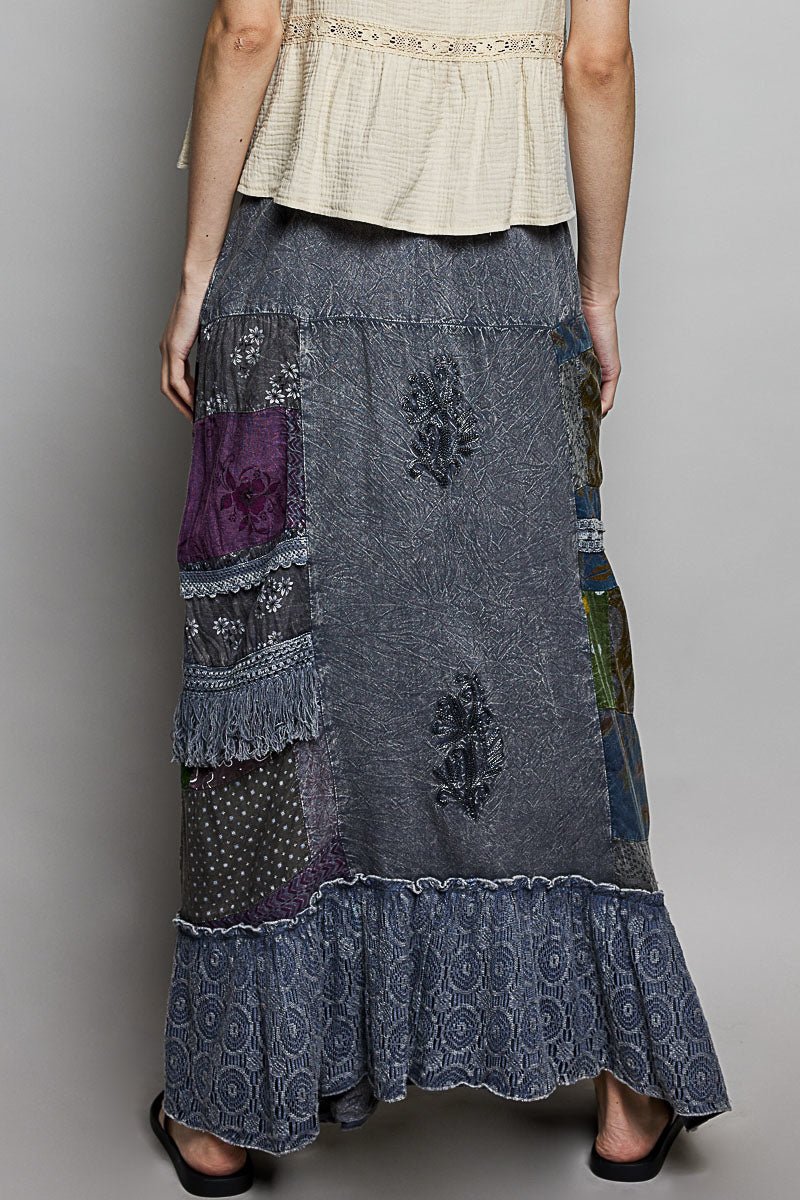 Printed Patchwork Embroidered Ruffled Skirt