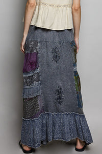 Printed Patchwork Embroidered Ruffled Skirt