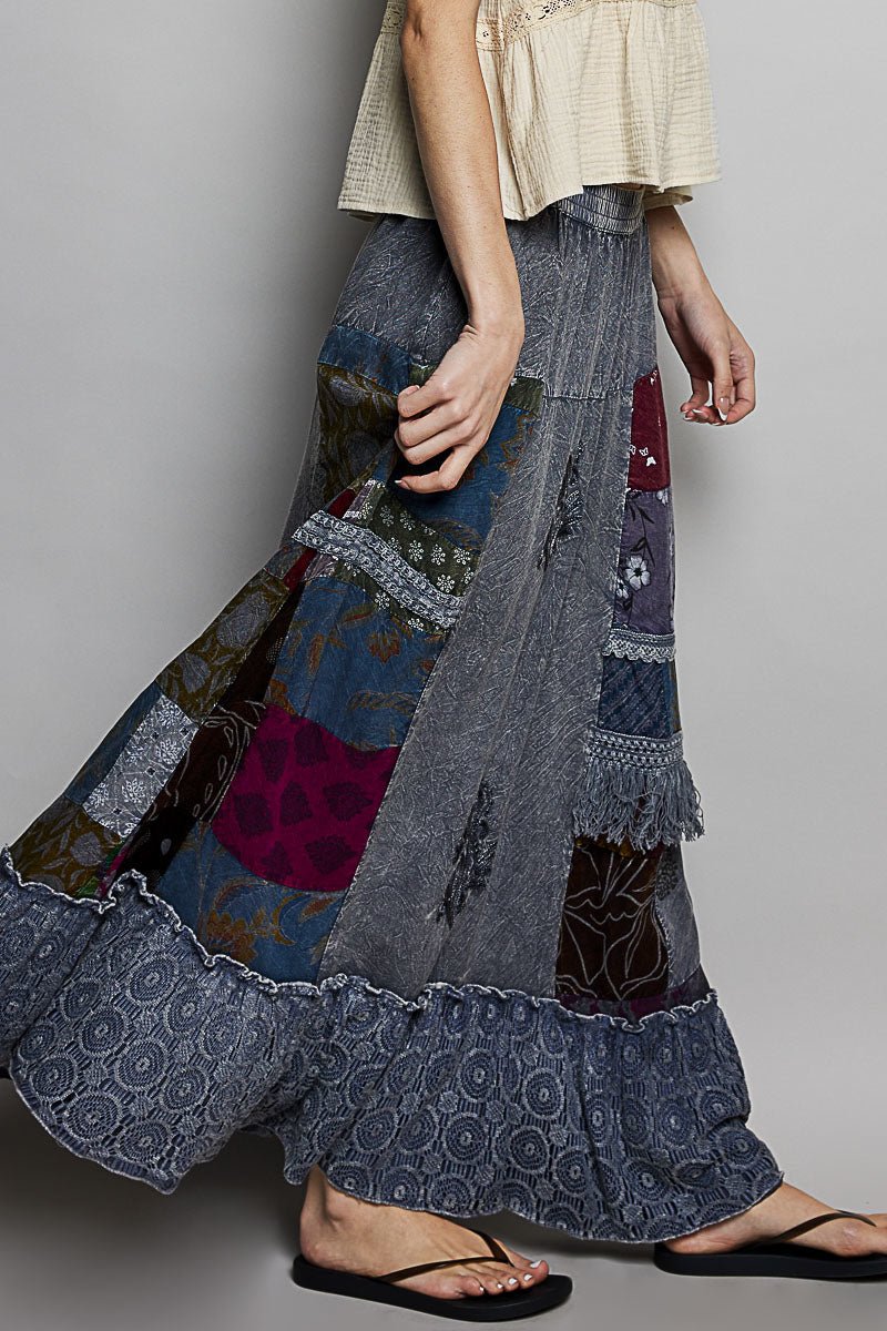 Printed Patchwork Embroidered Ruffled Skirt