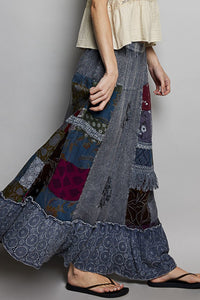 Printed Patchwork Embroidered Ruffled Skirt