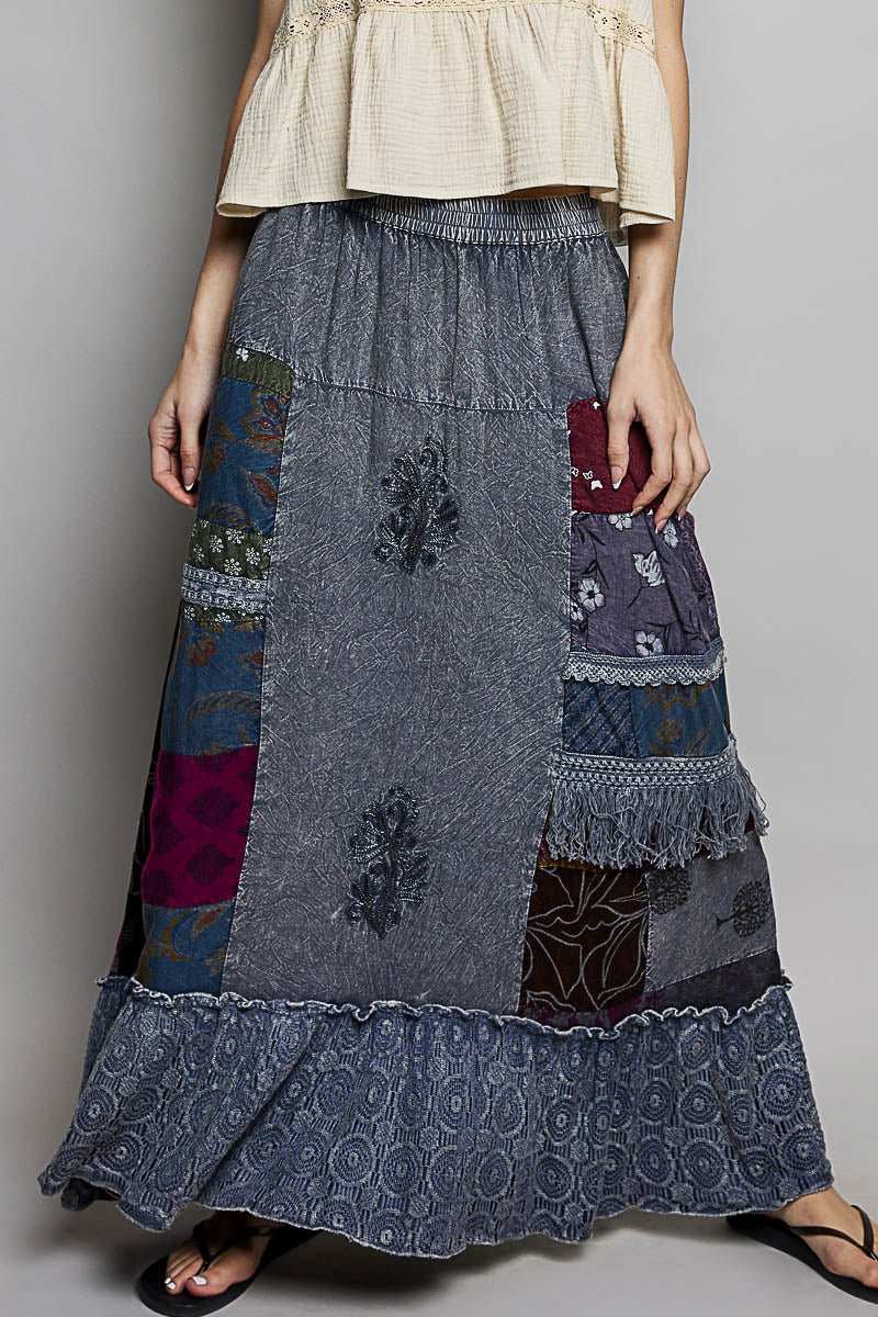 Printed Patchwork Embroidered Ruffled Skirt