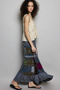 Printed Patchwork Embroidered Ruffled Skirt