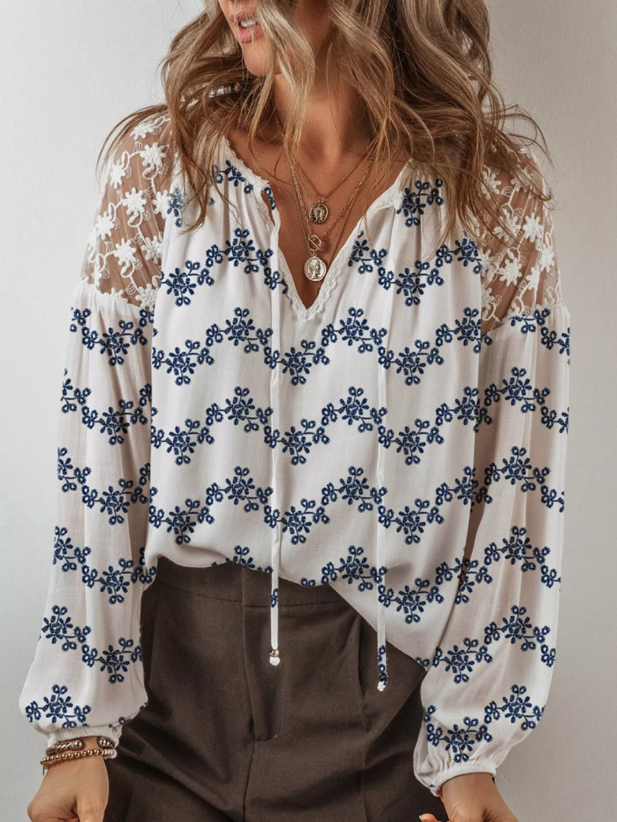 Printed Tie Neck Lace Long Sleeve Blouse