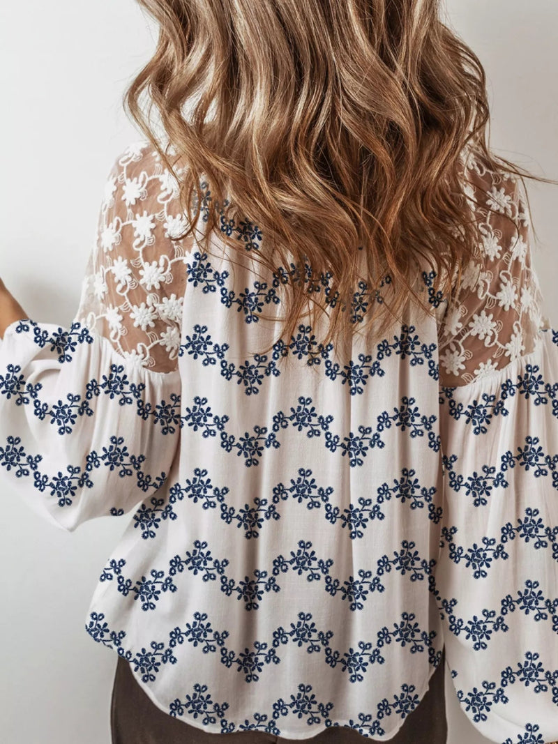 Printed Tie Neck Lace Long Sleeve Blouse