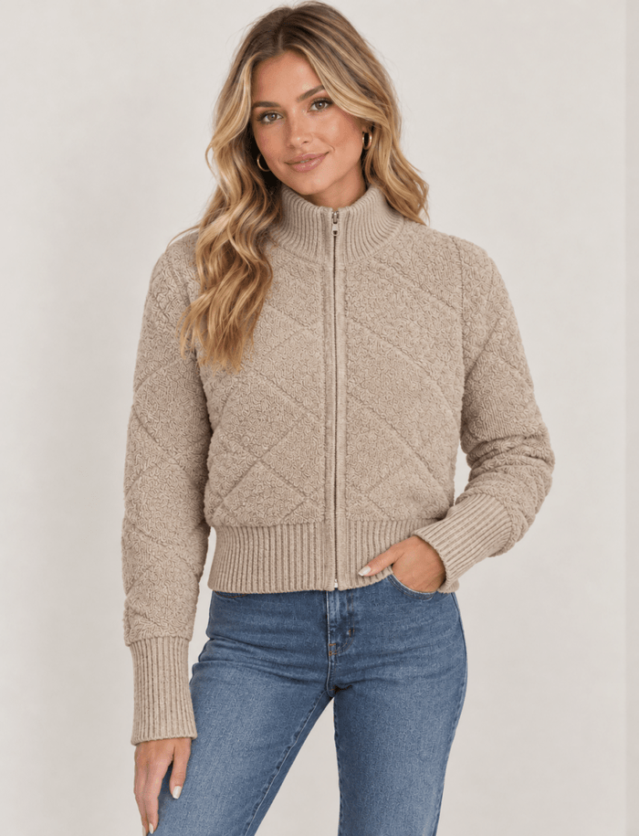 Quilted Zip-Up Mock Neck Sweater Jacket