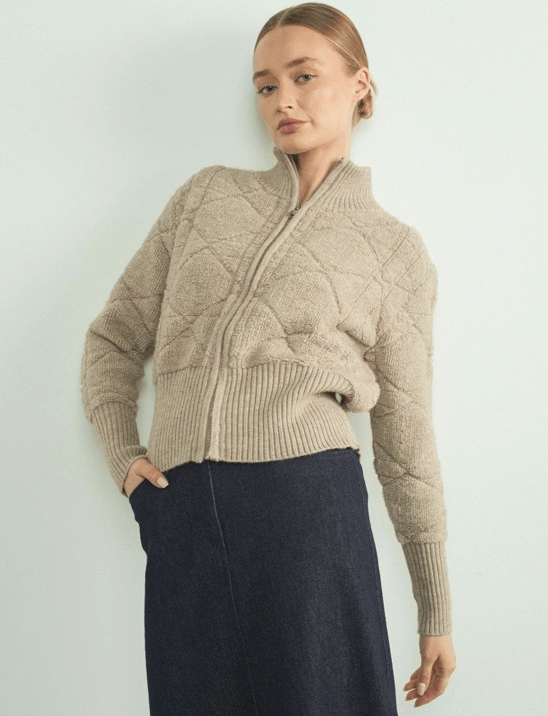 Quilted Zip-Up Mock Neck Sweater Jacket
