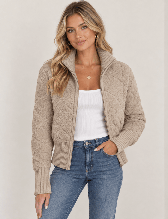 Quilted Zip-Up Mock Neck Sweater Jacket