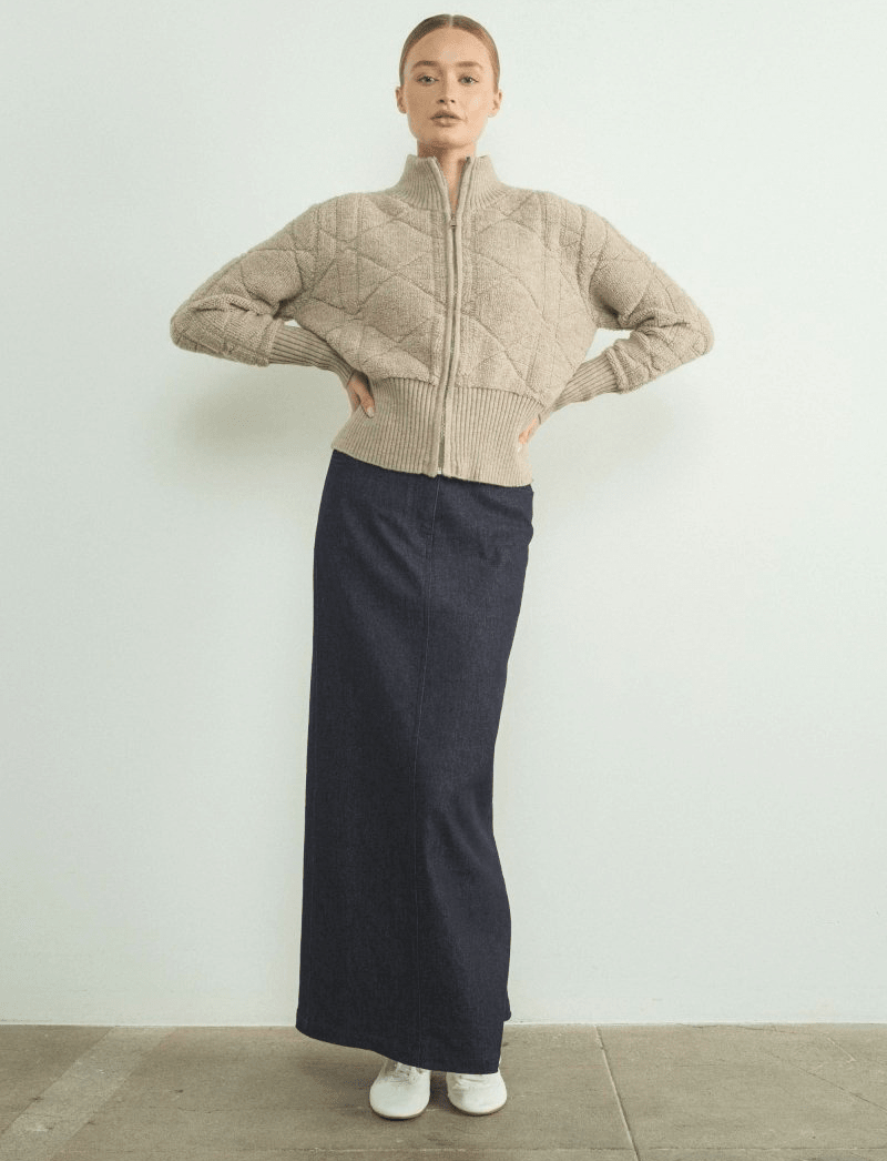 Quilted Zip-Up Mock Neck Sweater Jacket