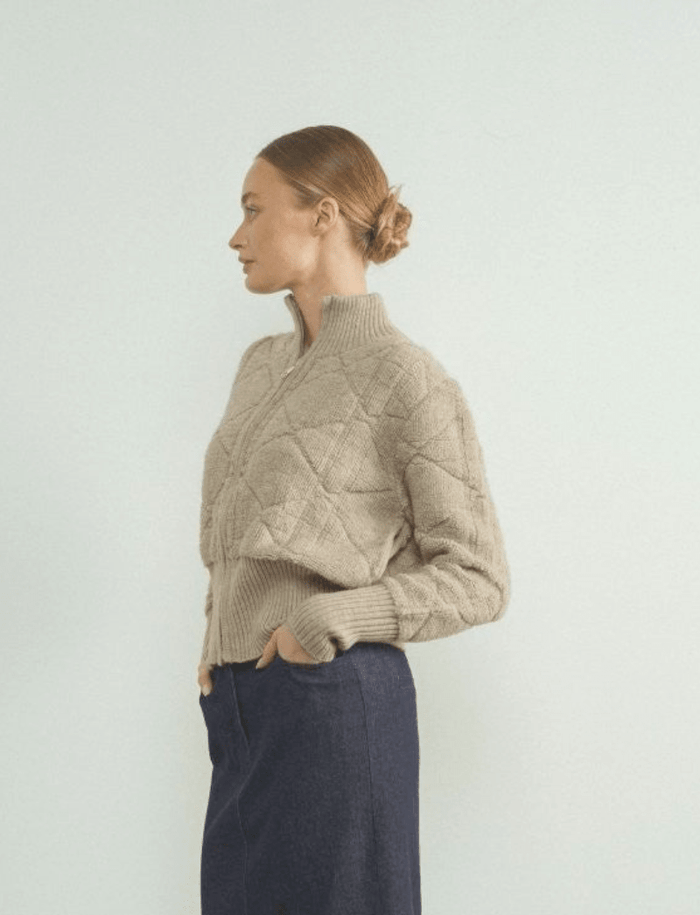 Quilted Zip-Up Mock Neck Sweater Jacket