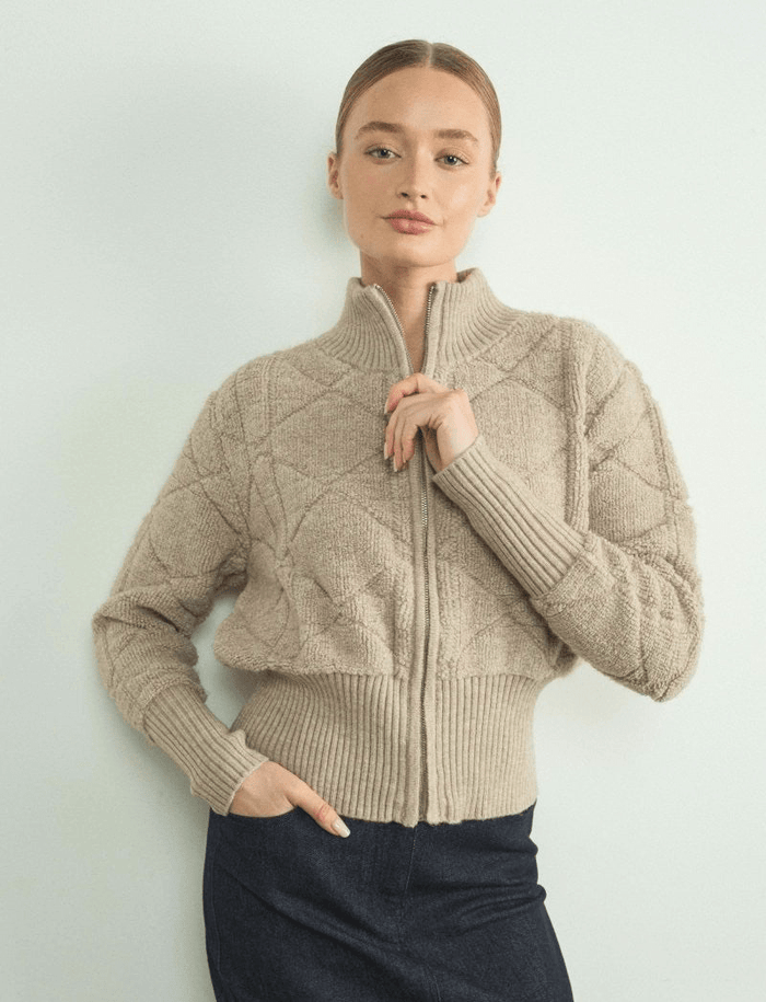 Quilted Zip-Up Mock Neck Sweater Jacket