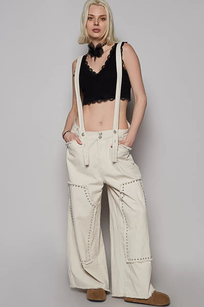 Raw Hem Studded Knee Patches Cargo Overalls - Minnie's Treasure Boutique