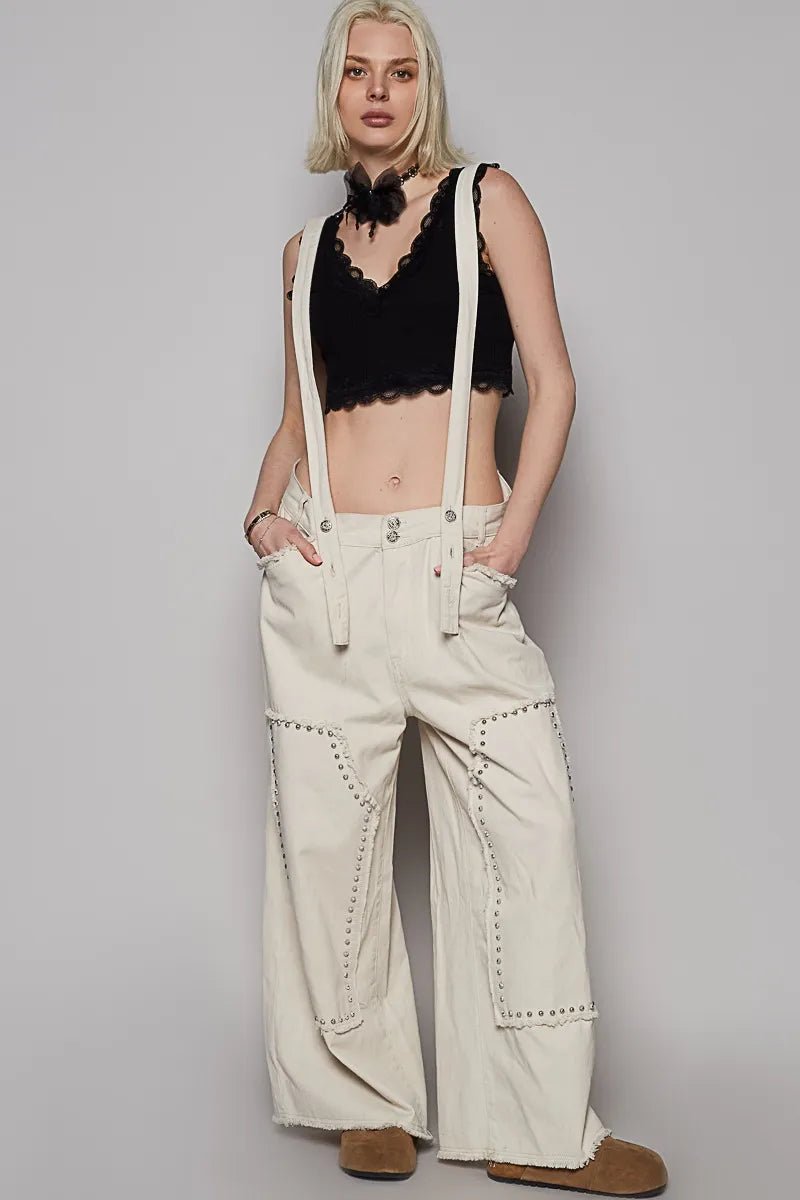 Raw Hem Studded Knee Patches Cargo Overalls - Minnie's Treasure Boutique