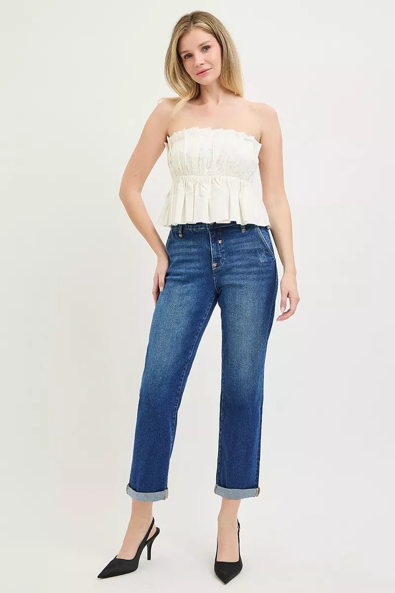 RISEN Cropped Boyfriend Jeans with Cuffed Hem