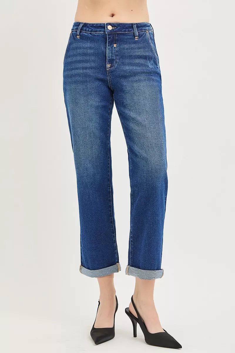 RISEN Cropped Boyfriend Jeans with Cuffed Hem