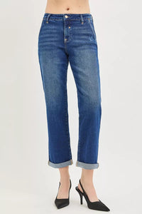 RISEN Cropped Boyfriend Jeans with Cuffed Hem