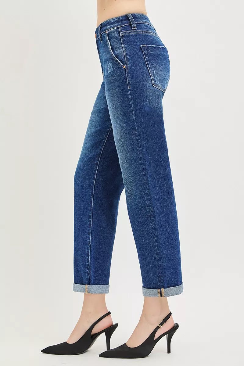 RISEN Cropped Boyfriend Jeans with Cuffed Hem