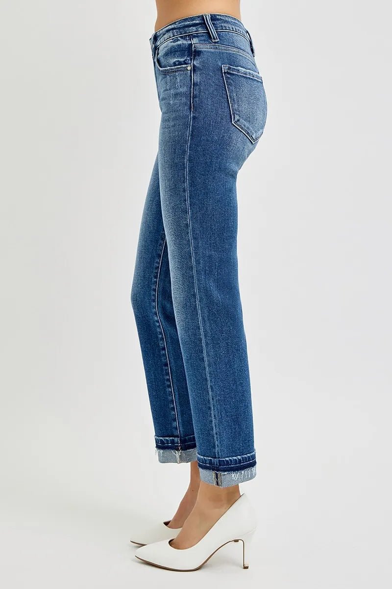 RISEN Mid Rise Ankle Straight Cuffed Jeans