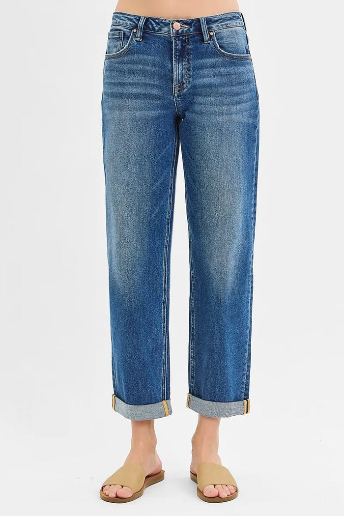 RISEN Mid Rise Boyfriend Roll Up Jeans