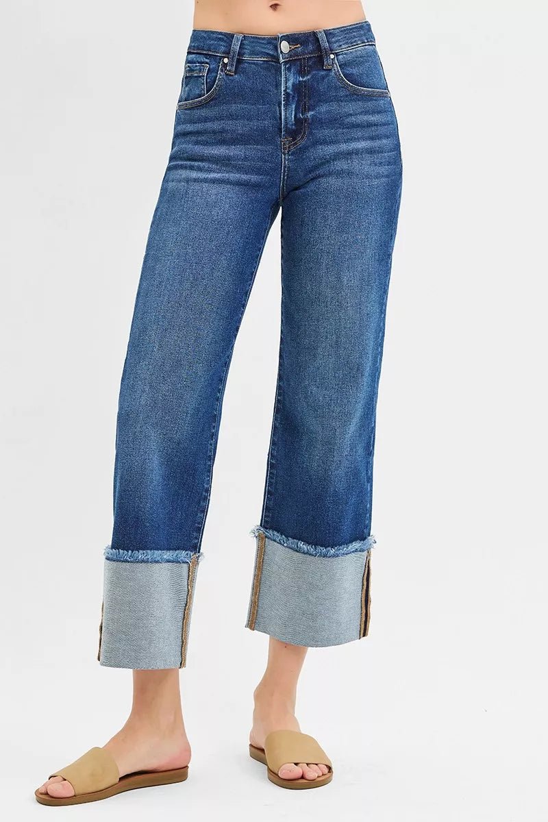 RISEN Mid Rise Crop Wide Wide Cuffed Jeans