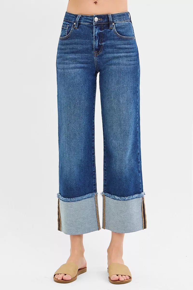 RISEN Mid Rise Crop Wide Wide Cuffed Jeans