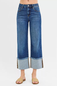 RISEN Mid Rise Crop Wide Wide Cuffed Jeans