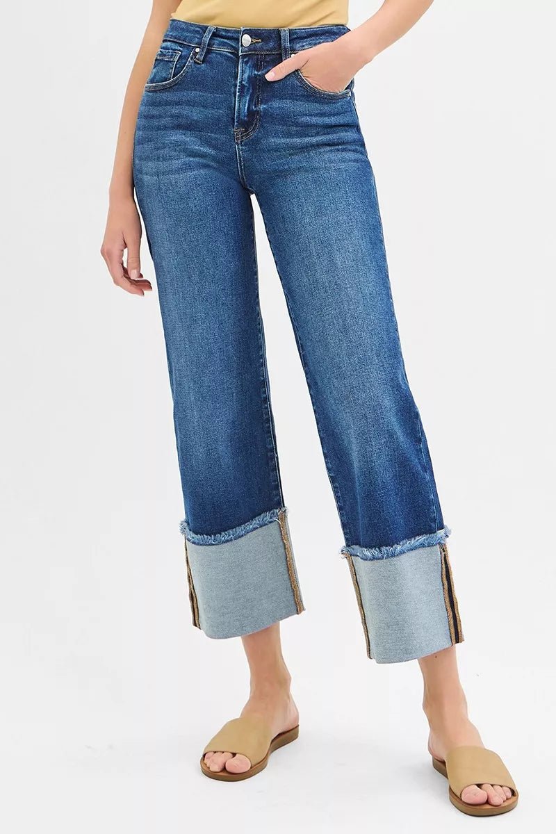 RISEN Mid Rise Crop Wide Wide Cuffed Jeans