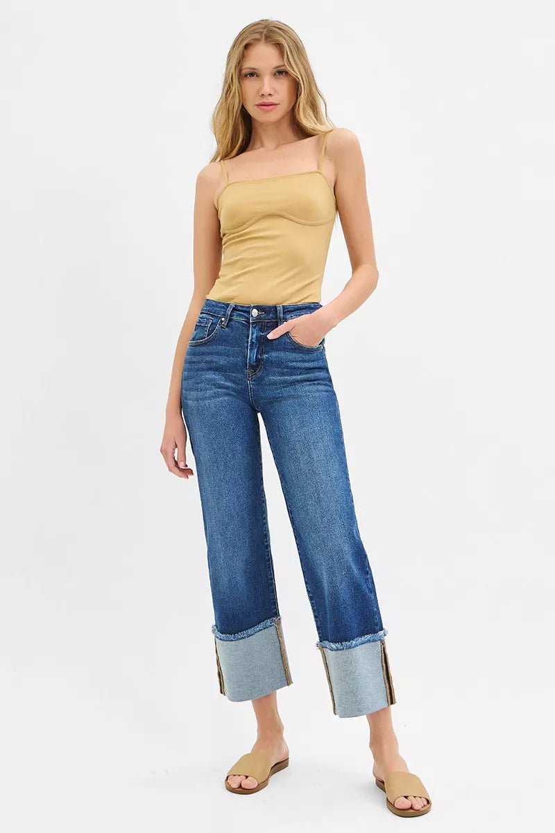 RISEN Mid Rise Crop Wide Wide Cuffed Jeans