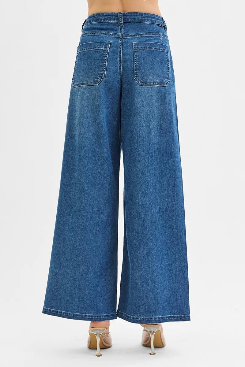RISEN Mid Rise Fit Wide Leg Knit Jeans