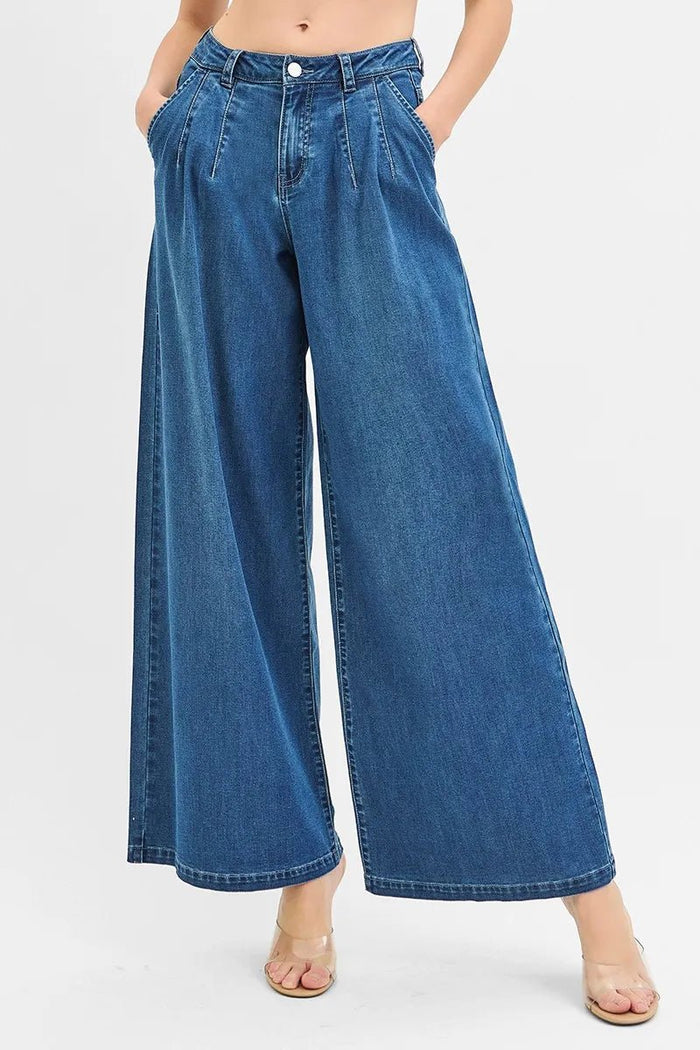 RISEN Mid Rise Fit Wide Leg Knit Jeans