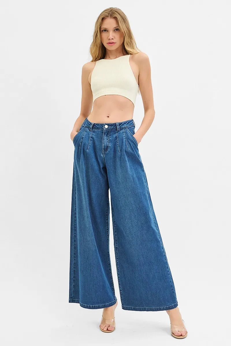 RISEN Mid Rise Fit Wide Leg Knit Jeans