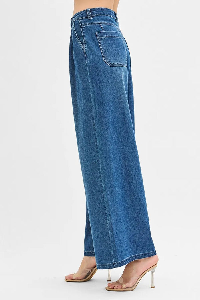 RISEN Mid Rise Fit Wide Leg Knit Jeans
