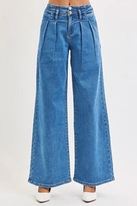 RISEN Mid Rise Fit Wide Leg Pleated Detail Jeans