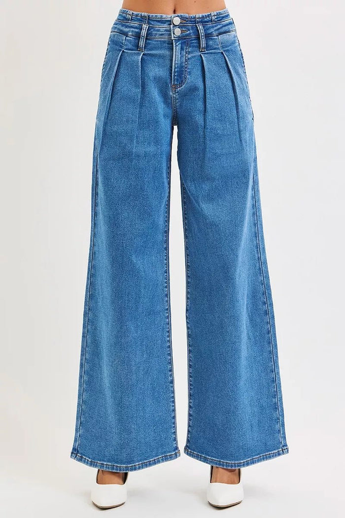 RISEN Mid Rise Fit Wide Leg Pleated Detail Jeans