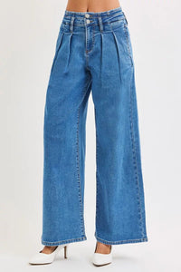 RISEN Mid Rise Fit Wide Leg Pleated Detail Jeans