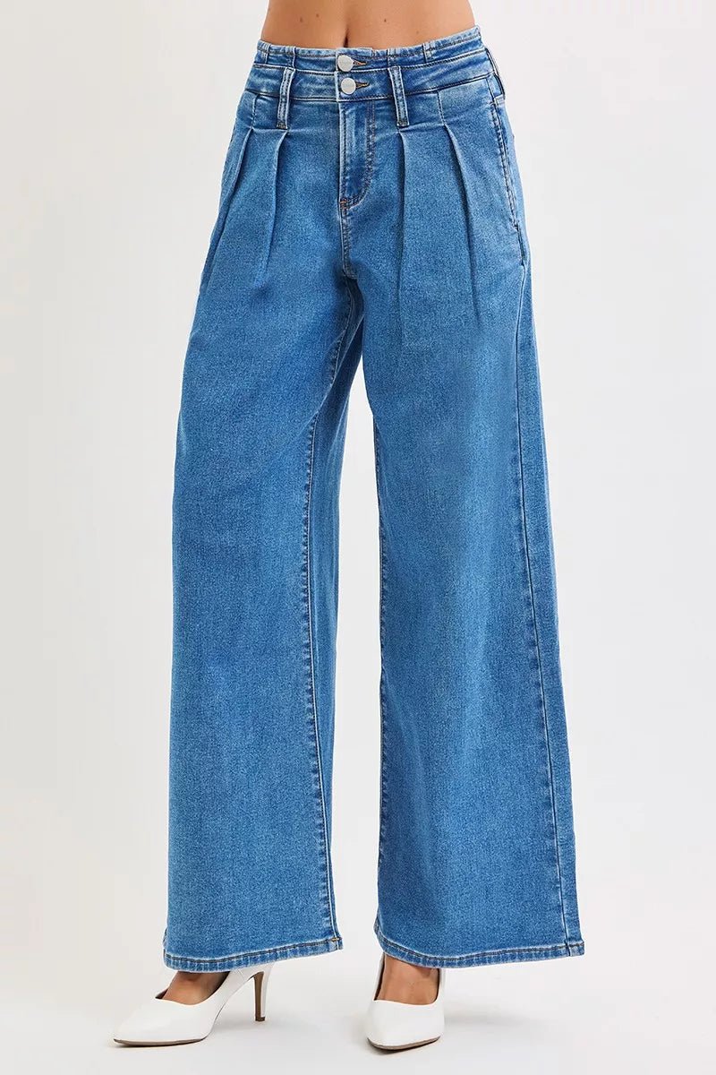 RISEN Mid Rise Fit Wide Leg Pleated Detail Jeans