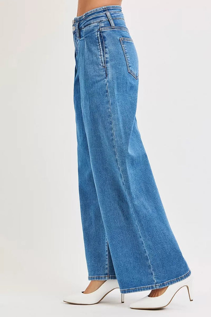 RISEN Mid Rise Fit Wide Leg Pleated Detail Jeans