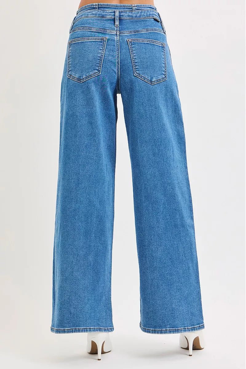 RISEN Mid Rise Fit Wide Leg Pleated Detail Jeans