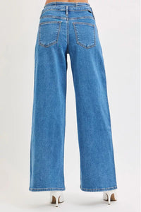 RISEN Mid Rise Fit Wide Leg Pleated Detail Jeans