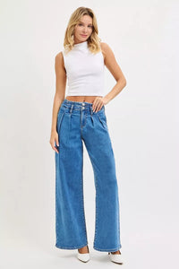 RISEN Mid Rise Fit Wide Leg Pleated Detail Jeans
