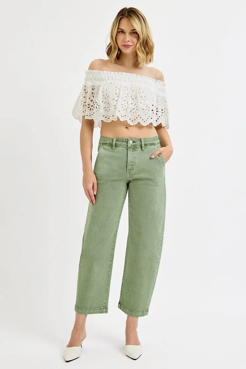 RISEN Tummy Control High Rise Crop Barrel Jeans