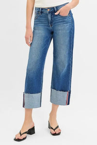 RISEN Tummy Control Mid Rise Crop Wide Cuffed Jeans