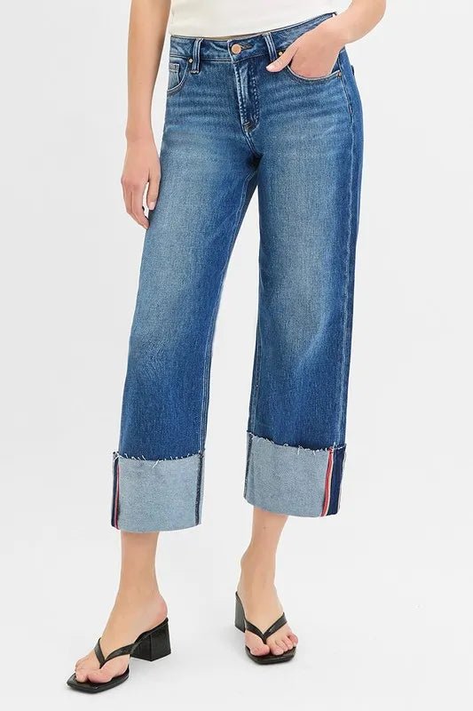 RISEN Tummy Control Mid Rise Crop Wide Cuffed Jeans