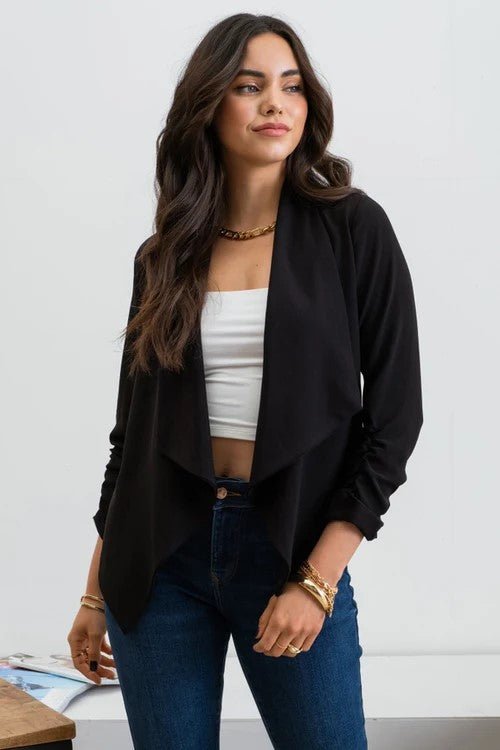 Rouched 3/4 Sleeve Open Front Blazer in Black - Minnie's Treasure Boutique