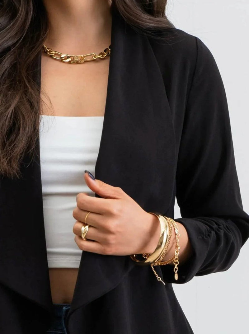 Rouched 3/4 Sleeve Open Front Blazer in Black