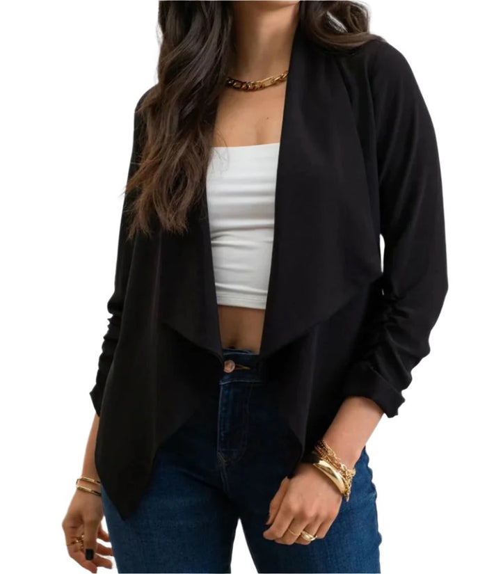 Rouched 3/4 Sleeve Open Front Blazer in Black