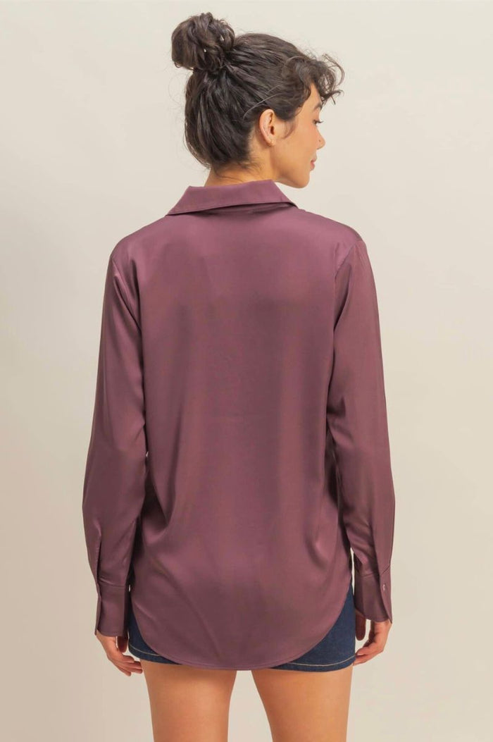 Sammy Button - Up Satin Top In Dark Cherry