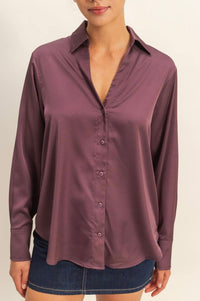 Sammy Button - Up Satin Top In Dark Cherry