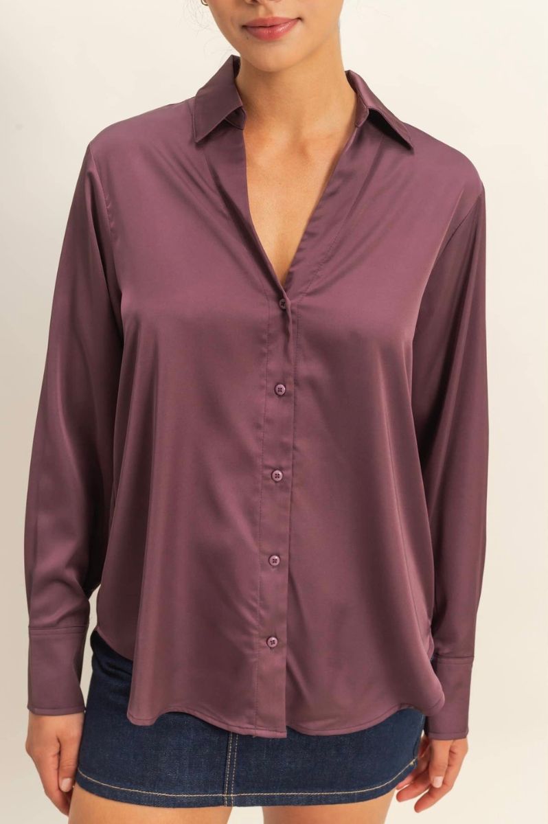 Sammy Button - Up Satin Top In Dark Cherry
