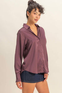Sammy Button - Up Satin Top In Dark Cherry