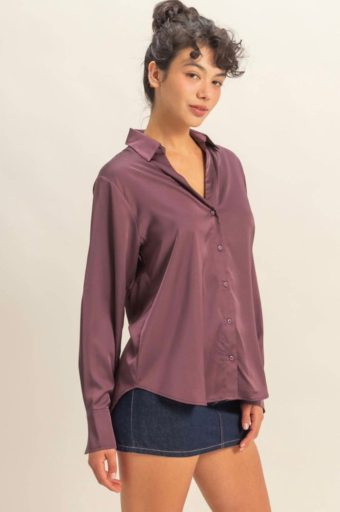 Sammy Button - Up Satin Top In Dark Cherry